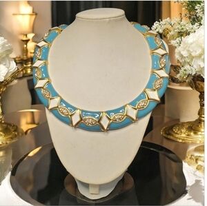 Fabulous Chunky Gold Turquoise Enamel Pave Crystal Collar Necklace